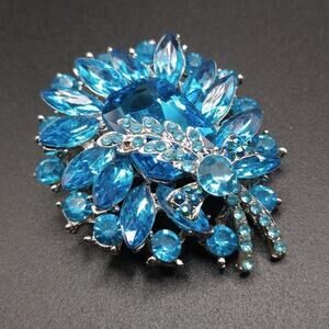Vintage Turquoise Blue Floral Rhinestone Brooch, Silver Tone Back, 2 3/4 Inches